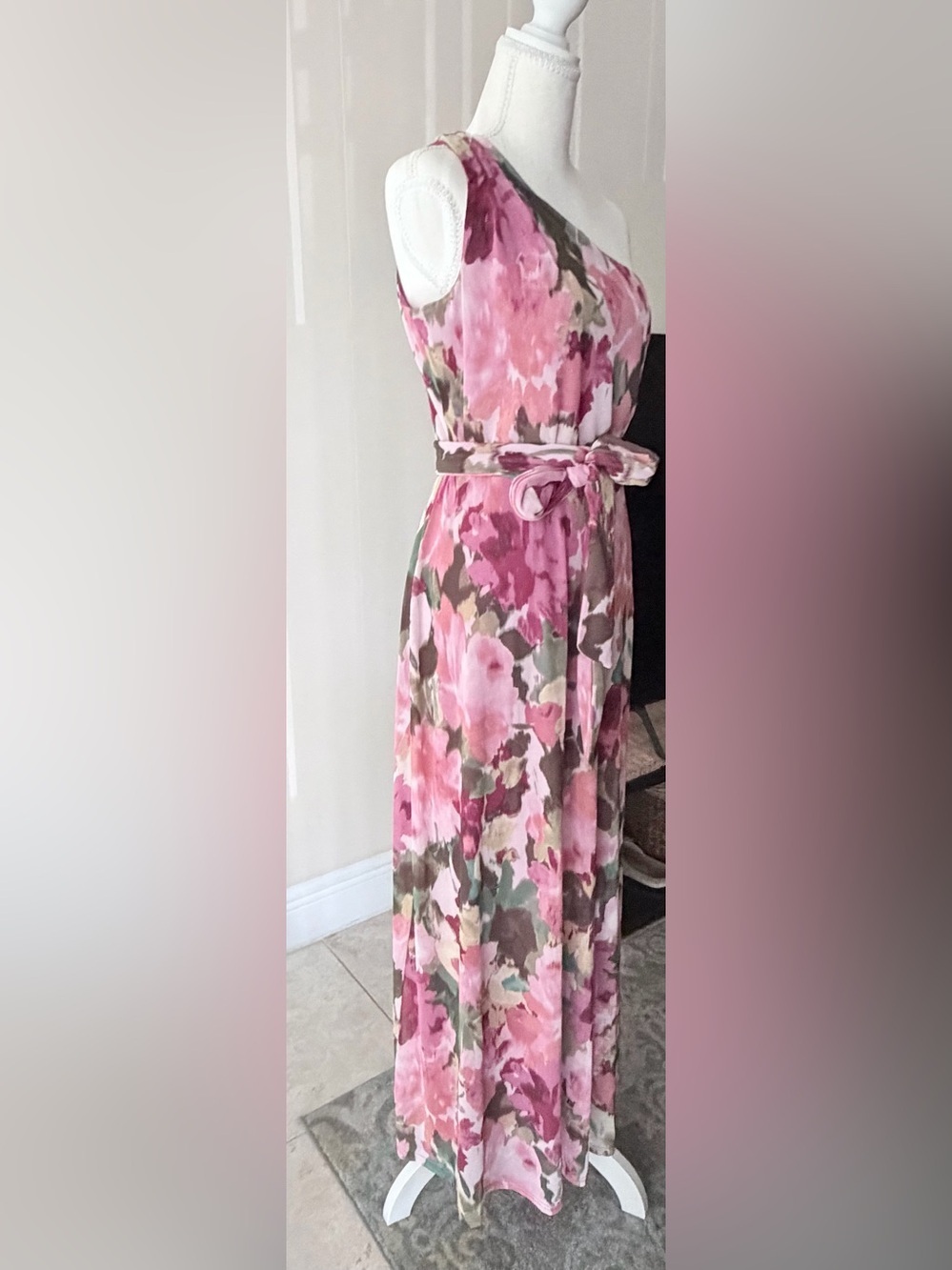 Nicole Miller Pink Floral One-Shoulder Maxi Dress - Picture 5 of 8